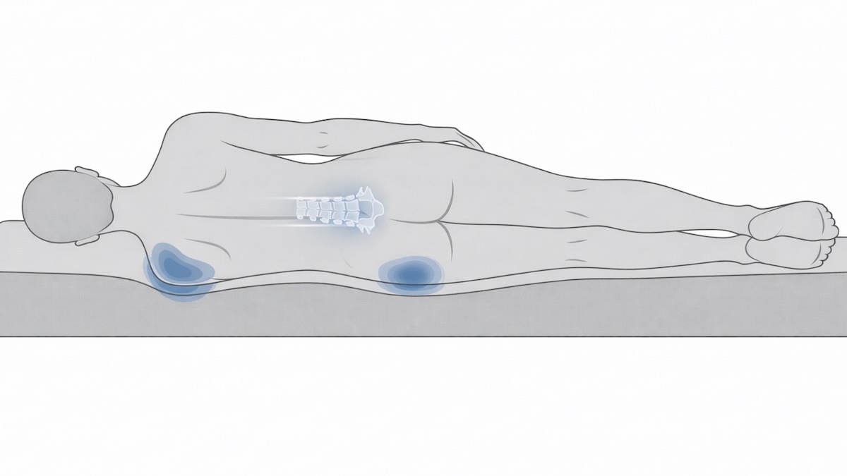 Biomechanische Darstellung der Druckbelastung von Schulter und Becken in Seitenlage beim Liegen
