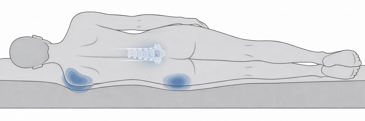 Biomechanische Analyse der Seitenlage mit Darstellung von Schulterdruck, Beckendruck und Wirbelsäulenlinie