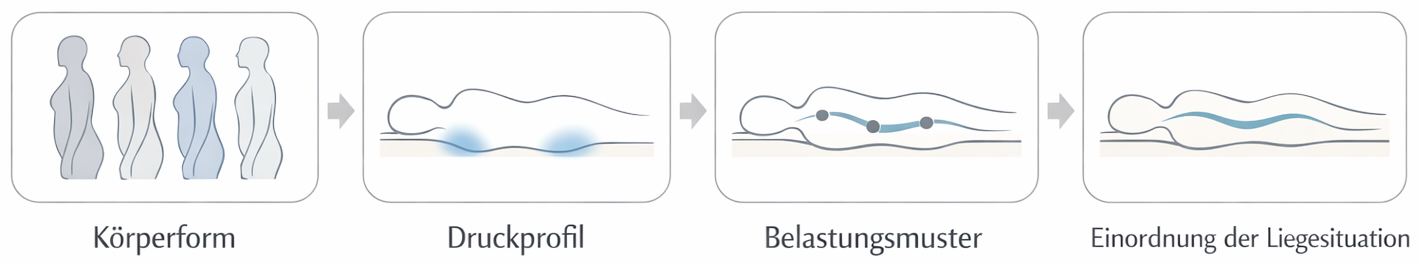 Biomechanisches Modell zur Analyse von Liegesituationen mit Körperform, Druckprofil und Belastungsmuster