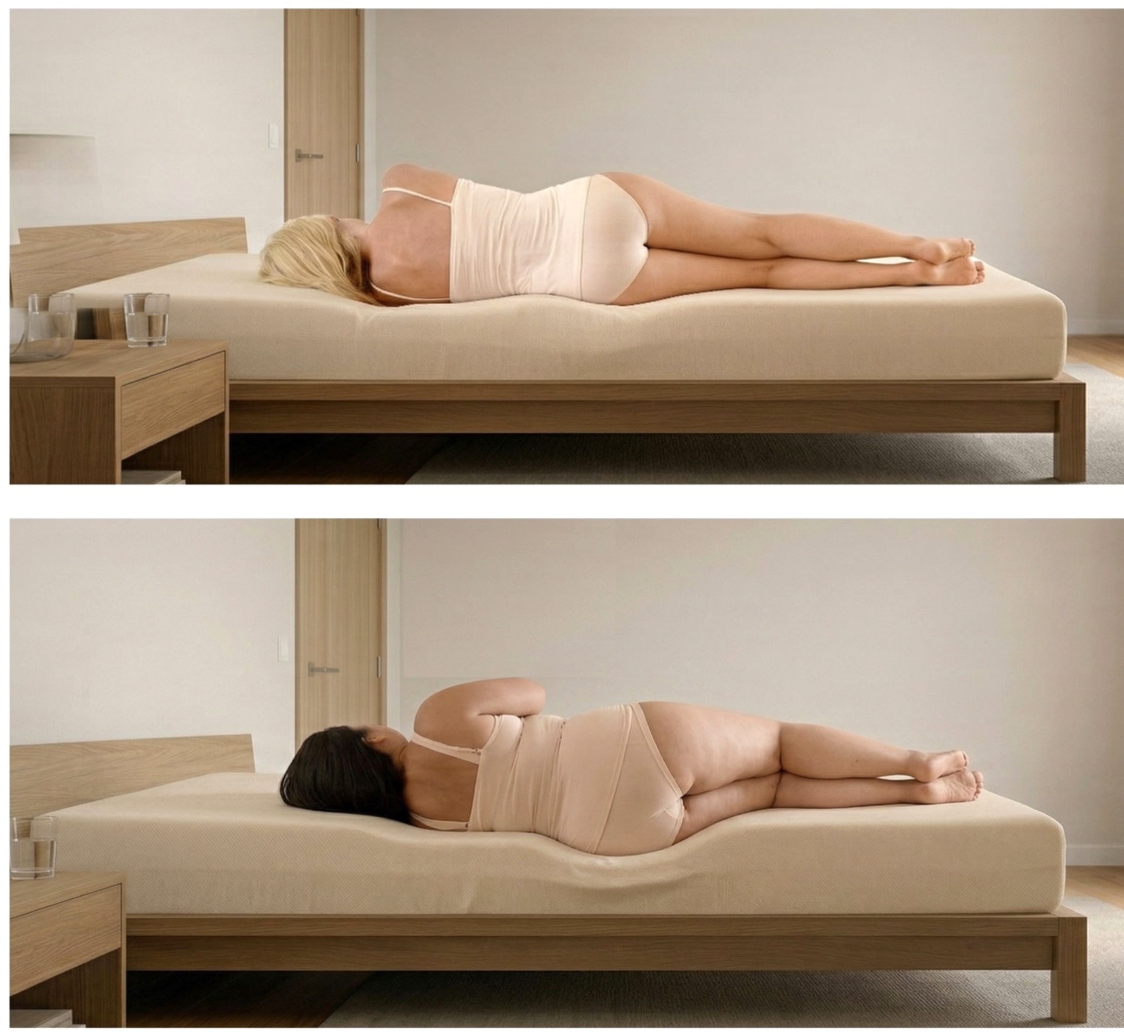 Zwei Personen liegen unterschiedlich auf einer Matratze mit verschiedener Belastung der Wirbelsäule