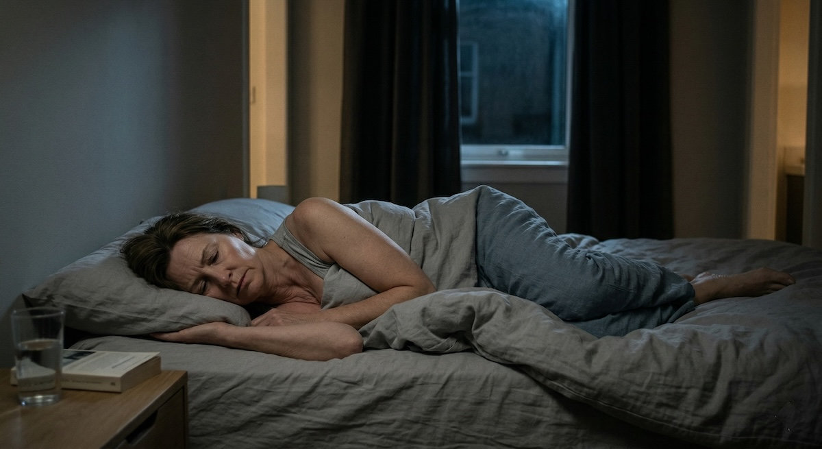 Frau liegt auf der Seite und hat Schmerzen im Rücken