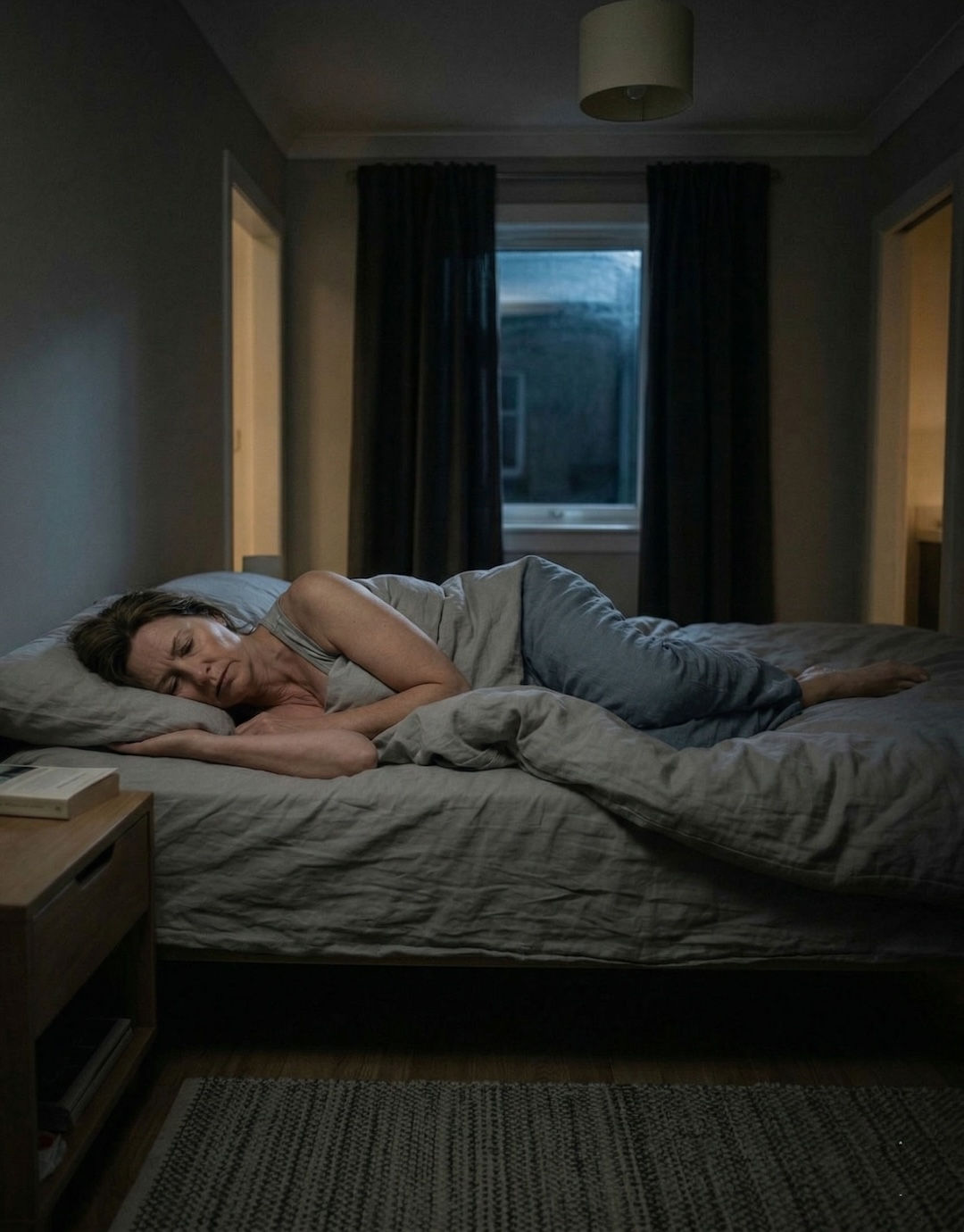 Frau liegt auf der Seite und hat Schmerzen im Rücken