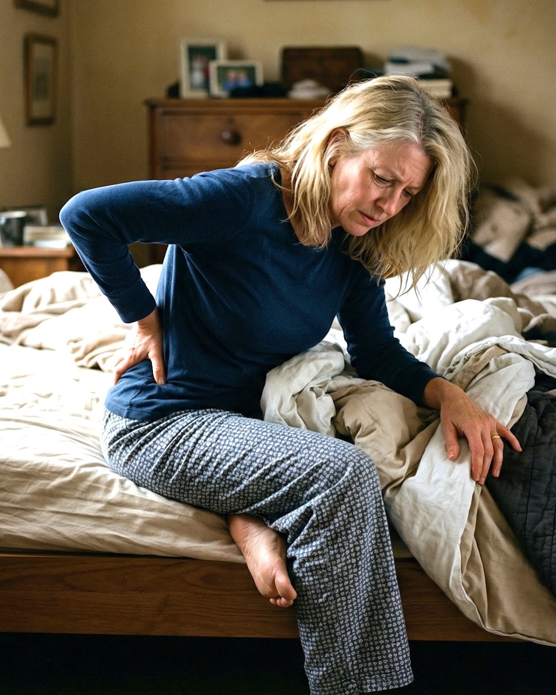 Frau sitzt morgens mit Rückenschmerzen auf dem Bett