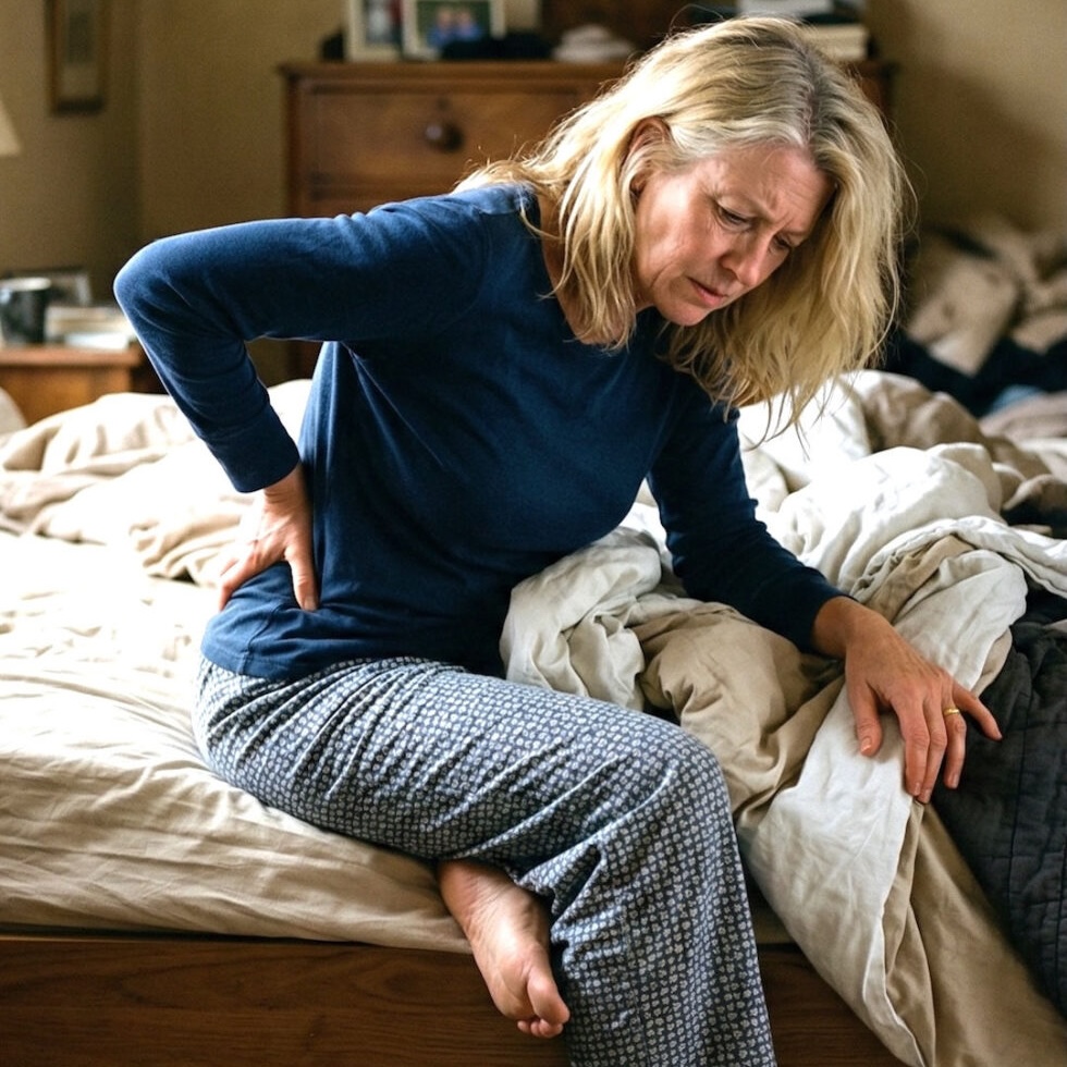 Frau sitzt morgens mit Rückenschmerzen im Bett