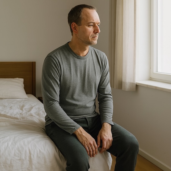 Person sitzt ruhig im Schlafzimmer und denkt über körperliche Beschwerden nach