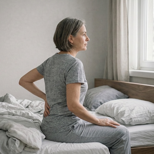 Person sitzt kurz nach dem Aufstehen auf dem Bett und bewegt den Rücken vorsichtig